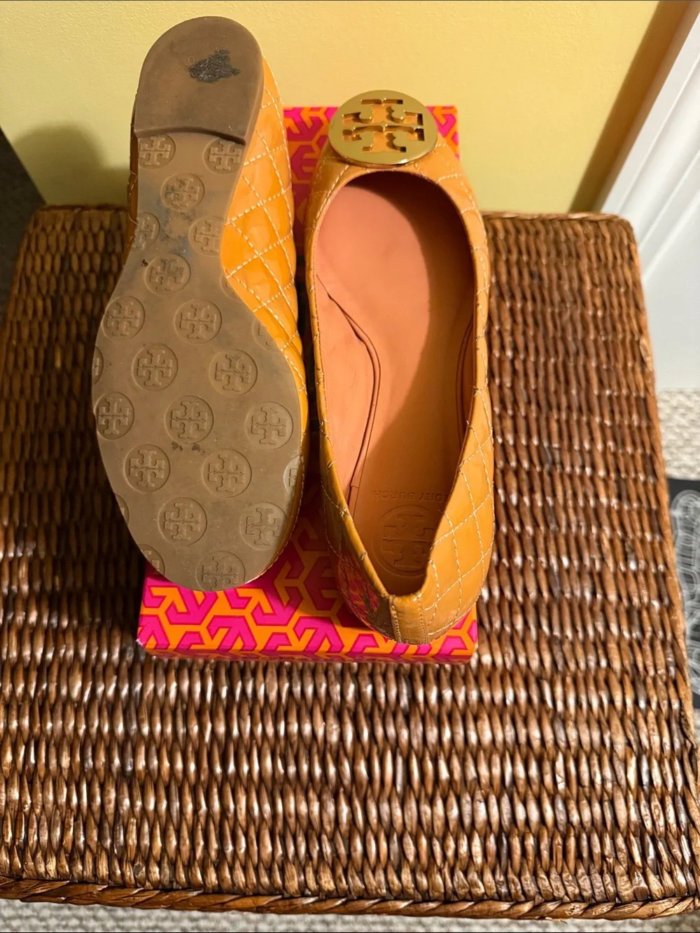 Tory Burch Chestnut Bronze Patent Quilted Logo Ballet Flats